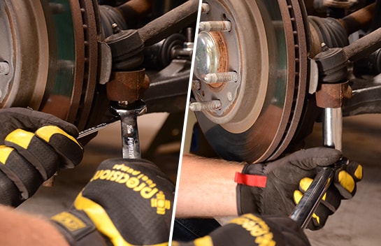 Two images of the mechanic tightening the tie rod end into place